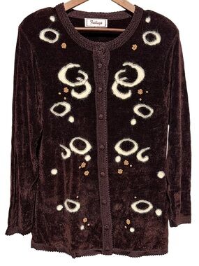 Vintage Brown Velour Cardigan Fuzzy Applique Art to Wear Poetcore Fairycore M